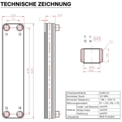 Wiltec Wärmetauscher 30 Platten, max. 330 kW, 22 m³/h 3,33 l je Durchgang, Plattenwärmetauscher aus Edelstahl als Wärmeüberträger