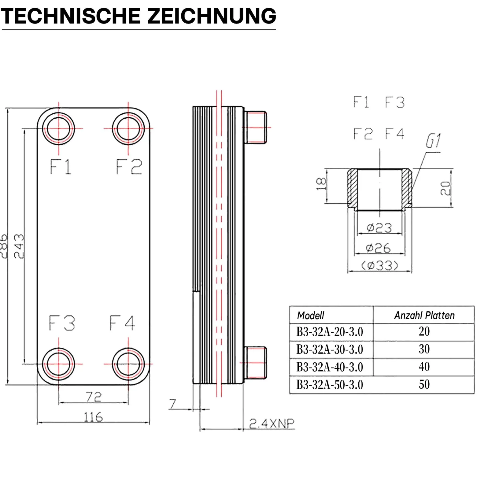 Wiltec Wärmetauscher 30 Platten, max. 175 kW, 12 m³/h 1,50 l je Durchgang, Plattenwärmetauscher aus Edelstahl als Wärmeüberträger