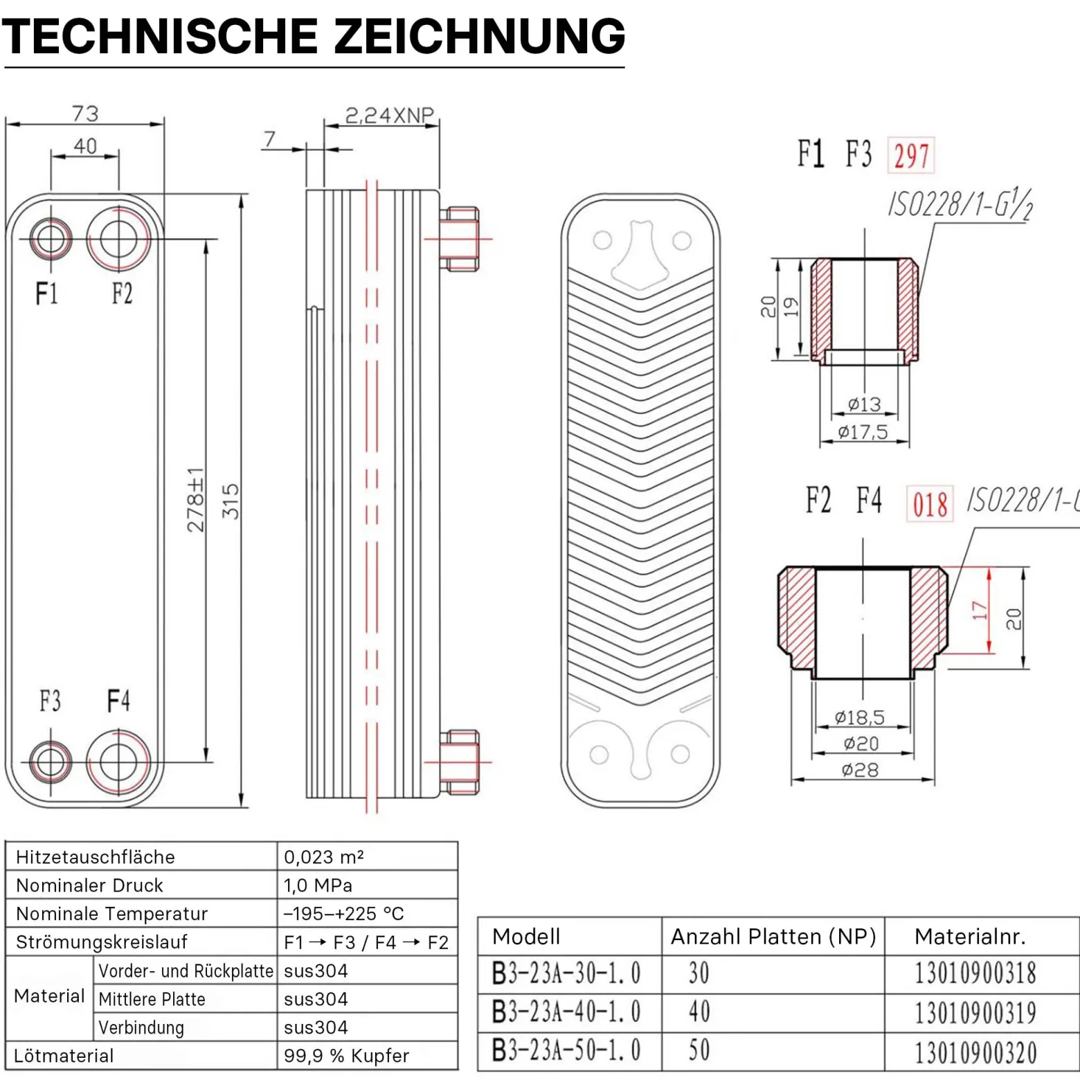 Wiltec Wärmetauscher 30 Platten, max. 125 kW, 4 m³/h 1,20 l je Durchgang, Plattenwärmetauscher aus Edelstahl als Wärmeüberträger