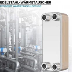 Wiltec Wärmetauscher 20 Platten, max. 115 kW, 12 m³/h 1,00 l je Durchgang, Plattenwärmetauscher aus Edelstahl als Wärmeüberträger