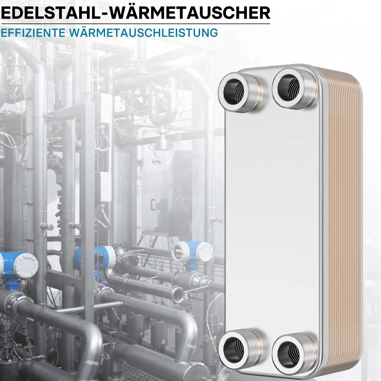 Wiltec Wärmetauscher 20 Platten, max. 115 kW, 12 m³/h 1,00 l je Durchgang, Plattenwärmetauscher aus Edelstahl als Wärmeüberträger