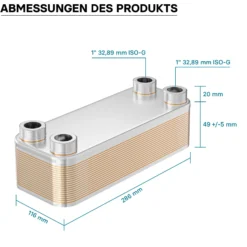 Wiltec Wärmetauscher 20 Platten, max. 115 kW, 12 m³/h 1,00 l je Durchgang, Plattenwärmetauscher aus Edelstahl als Wärmeüberträger