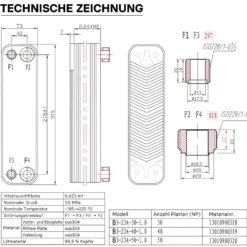 Wiltec Wärmetauscher 40 Platten, max. 165 kW, 4 m³/h 1,60 l je Durchgang, Plattenwärmetauscher aus Edelstahl als Wärmeüberträger
