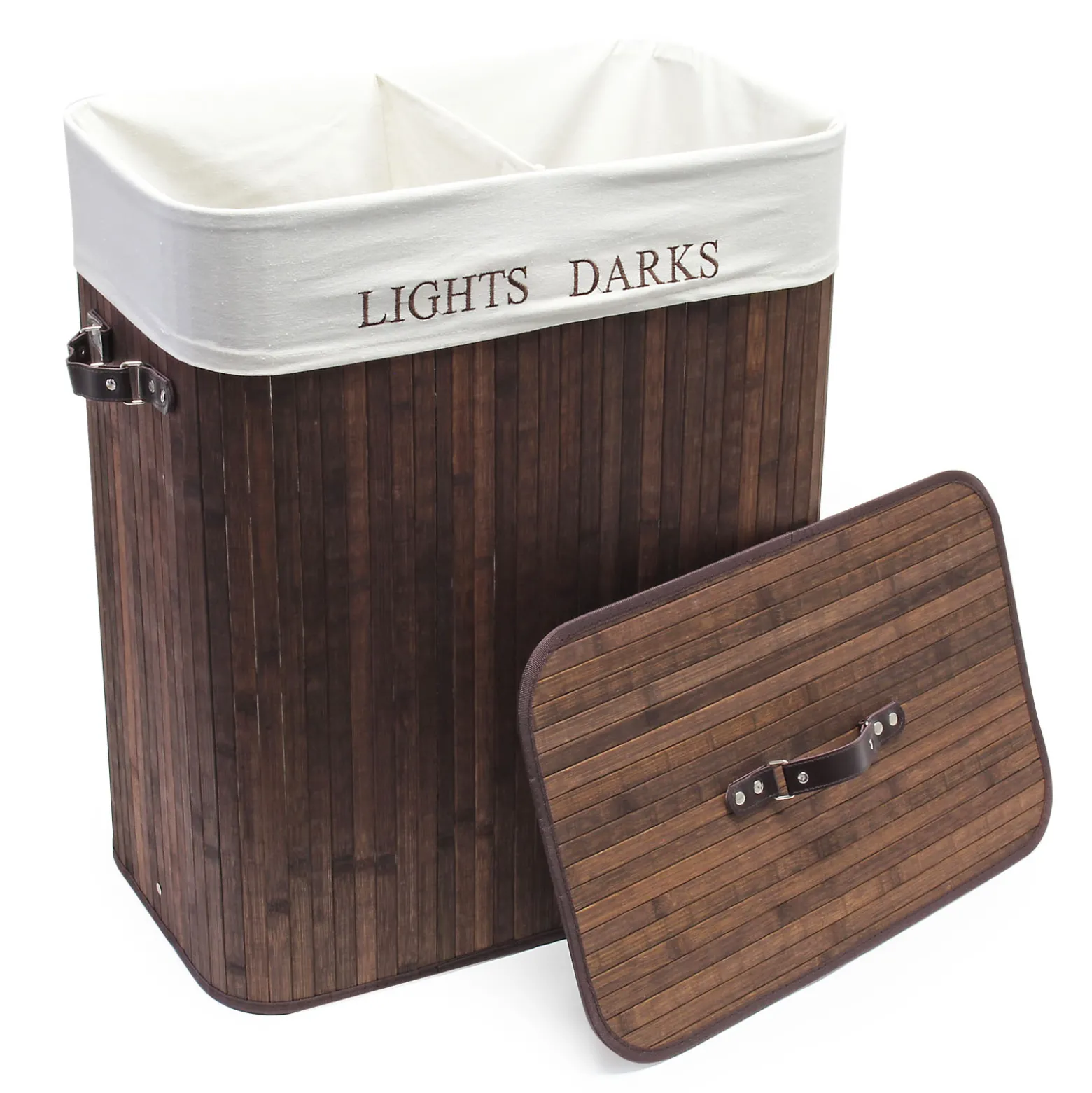 Wiltec Wäschebox 105 L braun Wäschekorb mit Deckel aus Bambus faltbare Wäschebox mit Leinensack mit 2 Fächern zum Sortieren von Schmutzwäsche