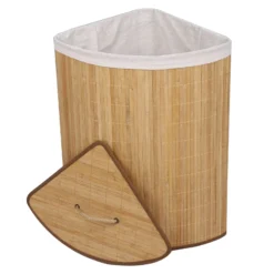 Wiltec Wäschebox 57L natur Eckwäschekorb mit Deckel aus Bambus faltbare Wäschebox zum Sortieren von Schmutzwäsche