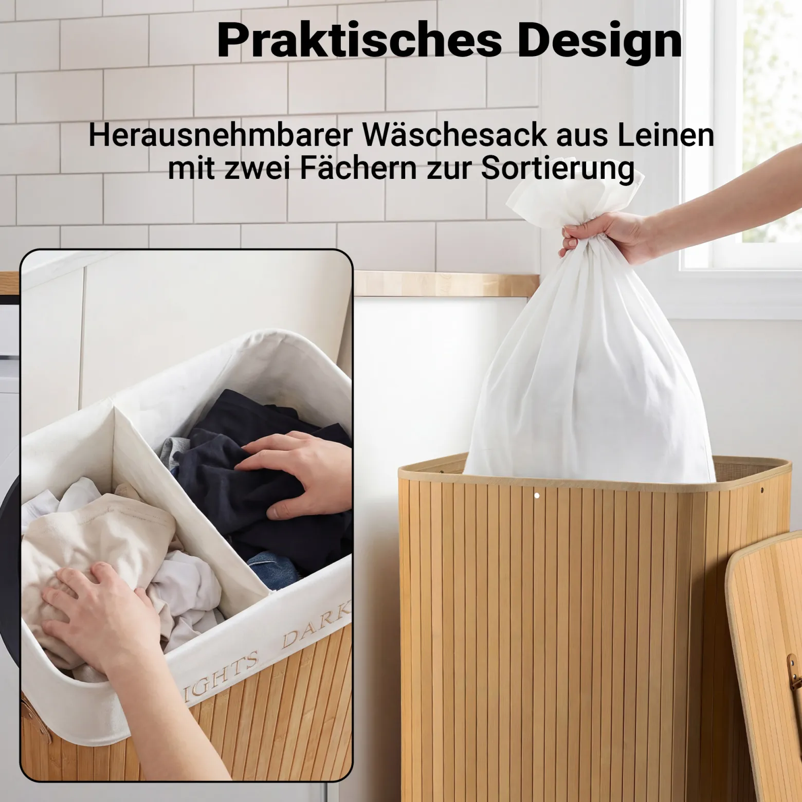 Wiltec Wäschebox 105 L natur Wäschekorb mit Deckel aus Bambus faltbare Wäschebox mit Leinensack mit 2 Fächern zum Sortieren von Schmutzwäsche
