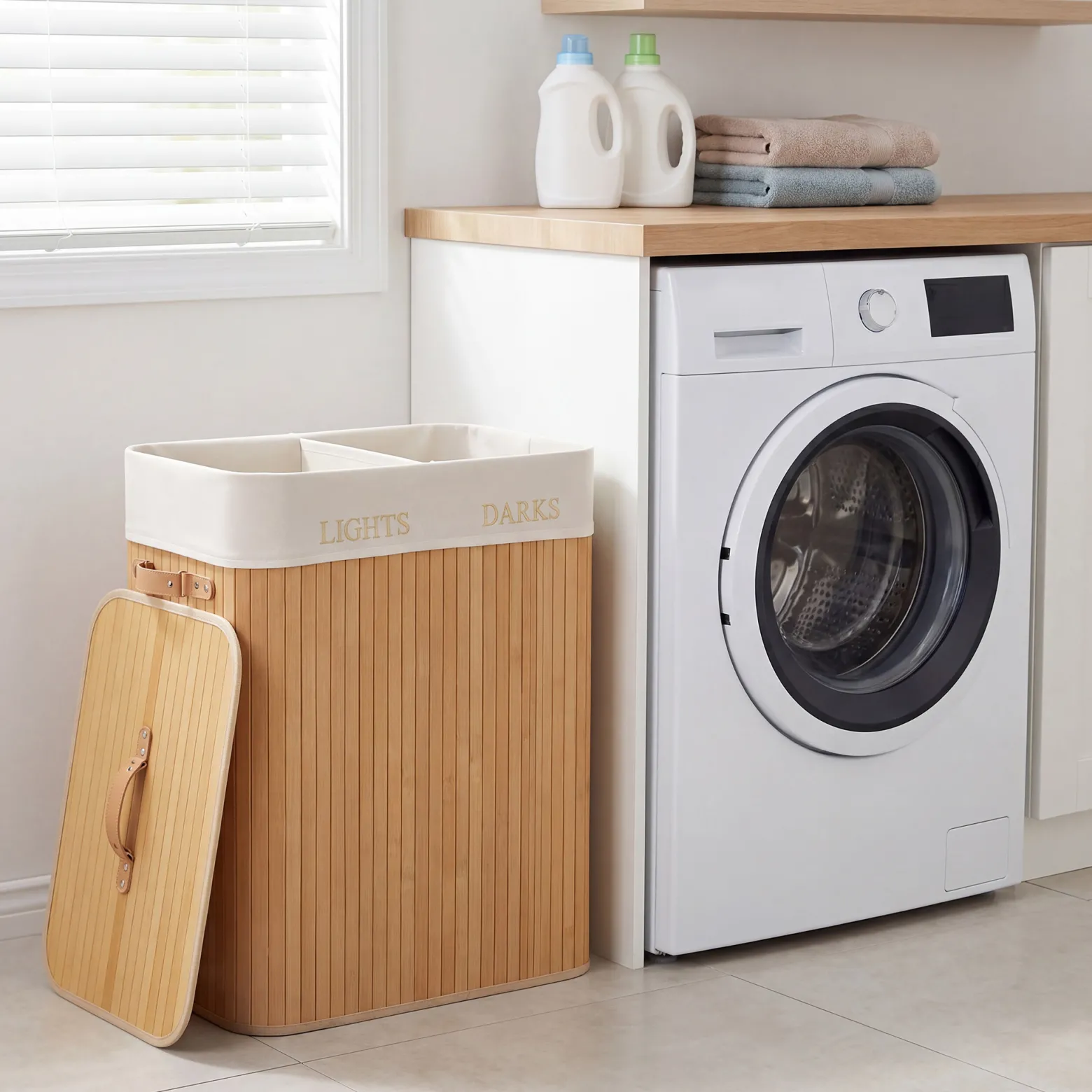 Wiltec Wäschebox 105 L natur Wäschekorb mit Deckel aus Bambus faltbare Wäschebox mit Leinensack mit 2 Fächern zum Sortieren von Schmutzwäsche