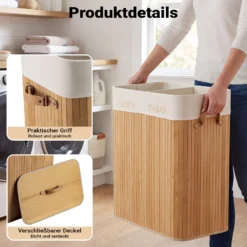 Wiltec Wäschebox 105 L natur Wäschekorb mit Deckel aus Bambus faltbare Wäschebox mit Leinensack mit 2 Fächern zum Sortieren von Schmutzwäsche