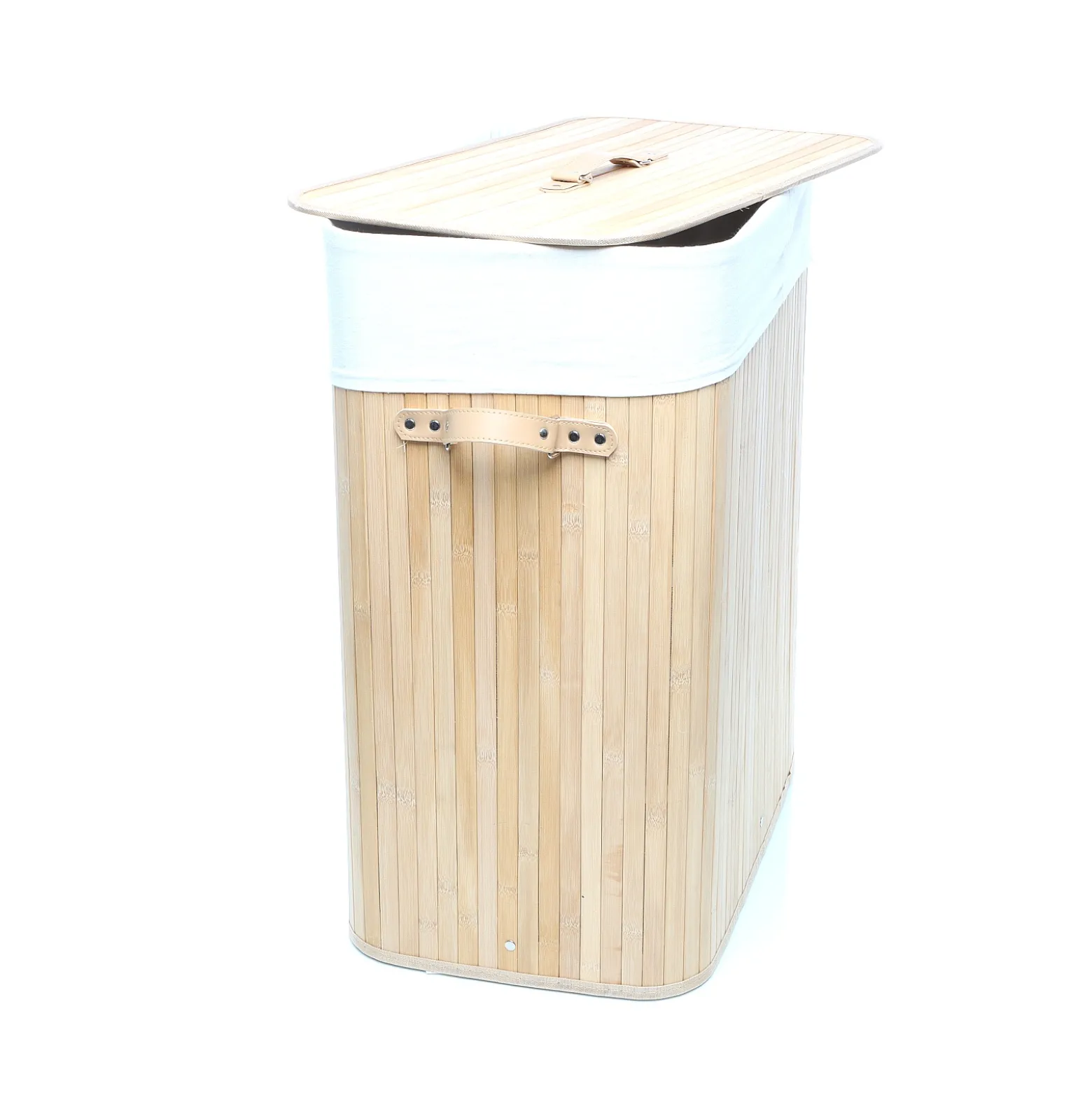 Wiltec Wäschebox 105 L natur Wäschekorb mit Deckel aus Bambus faltbare Wäschebox mit Leinensack mit 2 Fächern zum Sortieren von Schmutzwäsche