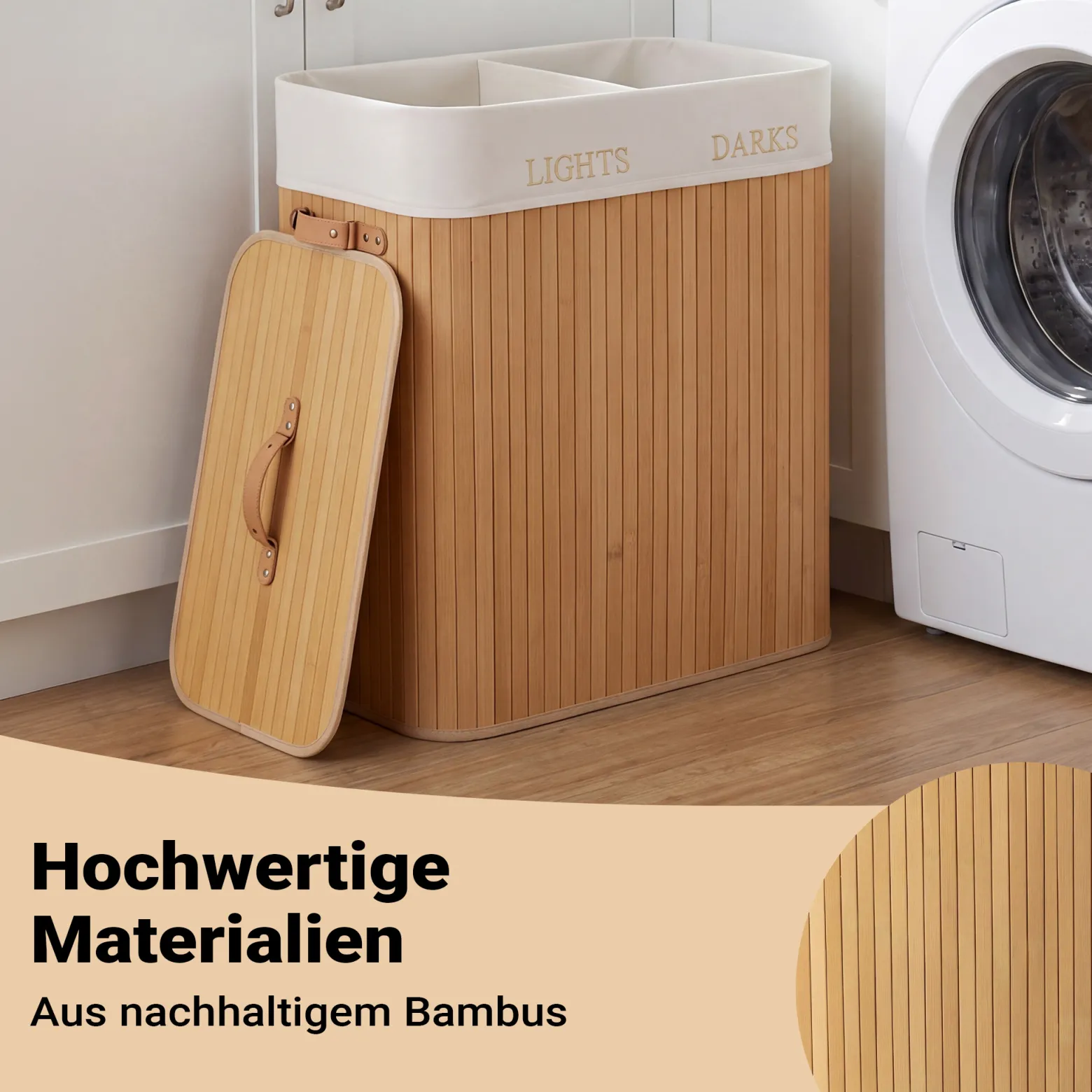 Wiltec Wäschebox 105 L natur Wäschekorb mit Deckel aus Bambus faltbare Wäschebox mit Leinensack mit 2 Fächern zum Sortieren von Schmutzwäsche
