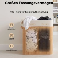 Wiltec Wäschebox 105 L natur Wäschekorb mit Deckel aus Bambus faltbare Wäschebox mit Leinensack mit 2 Fächern zum Sortieren von Schmutzwäsche