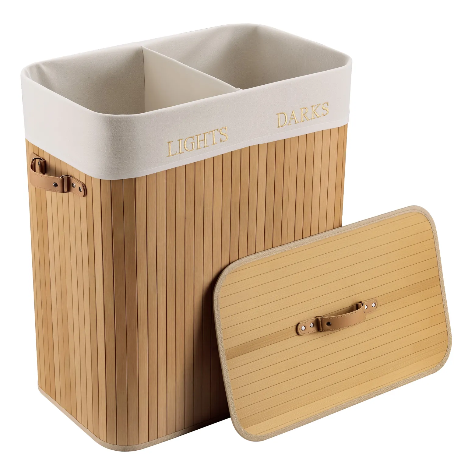 Wiltec Wäschebox 105 L natur Wäschekorb mit Deckel aus Bambus faltbare Wäschebox mit Leinensack mit 2 Fächern zum Sortieren von Schmutzwäsche