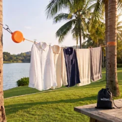 Wiltec Wäscheleine ausziehbar orange 8 m, Camping Wäscheleine mit 20 Wäscheklammern, Outdoor Trockenleine bis 75 kg, Reisewäscheleine mit Clips und Transportbeutel