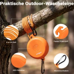 Wiltec Wäscheleine ausziehbar orange 8 m, Camping Wäscheleine mit 20 Wäscheklammern, Outdoor Trockenleine bis 75 kg, Reisewäscheleine mit Clips und Transportbeutel