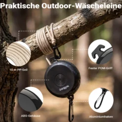 Wiltec Wäscheleine ausziehbar schwarz 10 m, Camping Wäscheleine mit 20 Wäscheklammern, Outdoor Trockenleine bis 75 kg, Reisewäscheleine mit Clips und Transportbeutel