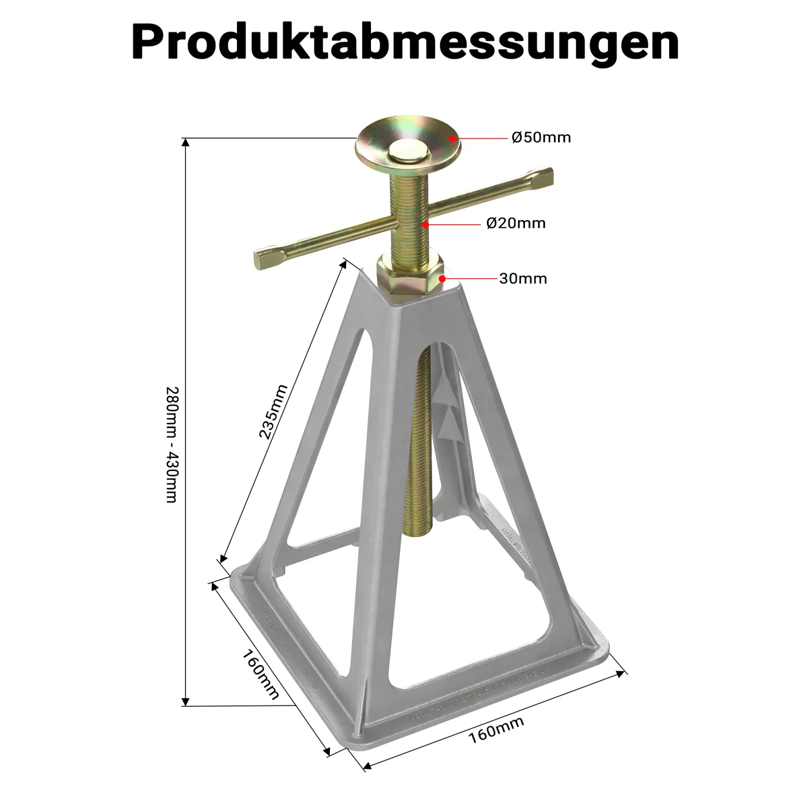 Wiltec 4x Aluminium Stützböcke für Wohnwagen und Anhänger, 160 x 160 x 280 mm, Stützbock höhenverstellbar 28-43 cm, Unterstellbock