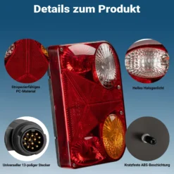 Wiltec 2x Anhänger Rückleuchten 12V 13-poliger Stecker mit 5 Funktionen inkl. Kabel (5 m), Adapter für PKW Anhänger mit 5 Funktionen