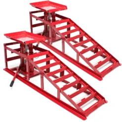 Wiltec 2x Auffahrrampe mit hydraulischem Wagenheber 2000 kg, höhenverstellbar bis 30 cm, Auffahrschiene mit Überfahrschutz, Verladerampe