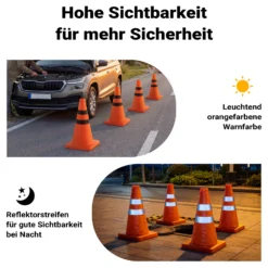 Wiltec 4x klappbarer Verkehrskegel 45 cm, Leitkegel zum Absichern, Pylone mit reflektierenden Streifen, Warnkegel inkl. Tasche