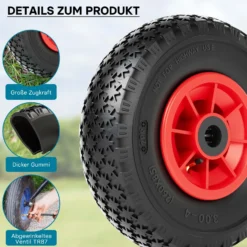 Wiltec 2x Rad 3.00-4 85 x 260 mm 90 kg, HT2046 Schubkarren Komplettrad mit Kunststofffelge, Winkelventil, Luftreifen für Sackkarre, Bollerwagen u.a .
