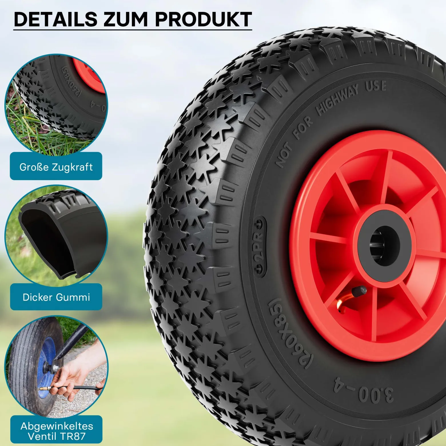 Wiltec 2x Rad 3.00-4 85 x 260 mm 90 kg, HT2046 Schubkarren Komplettrad mit Kunststofffelge, Winkelventil, Luftreifen für Sackkarre, Bollerwagen u.a .
