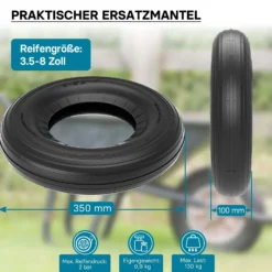 Wiltec 4x Reifenmantel 3.50-8 350 x 100 mm, 130 kg für Schubkarrenreifen, Schubkarre Rad Reifen, Mantel Luftrad
