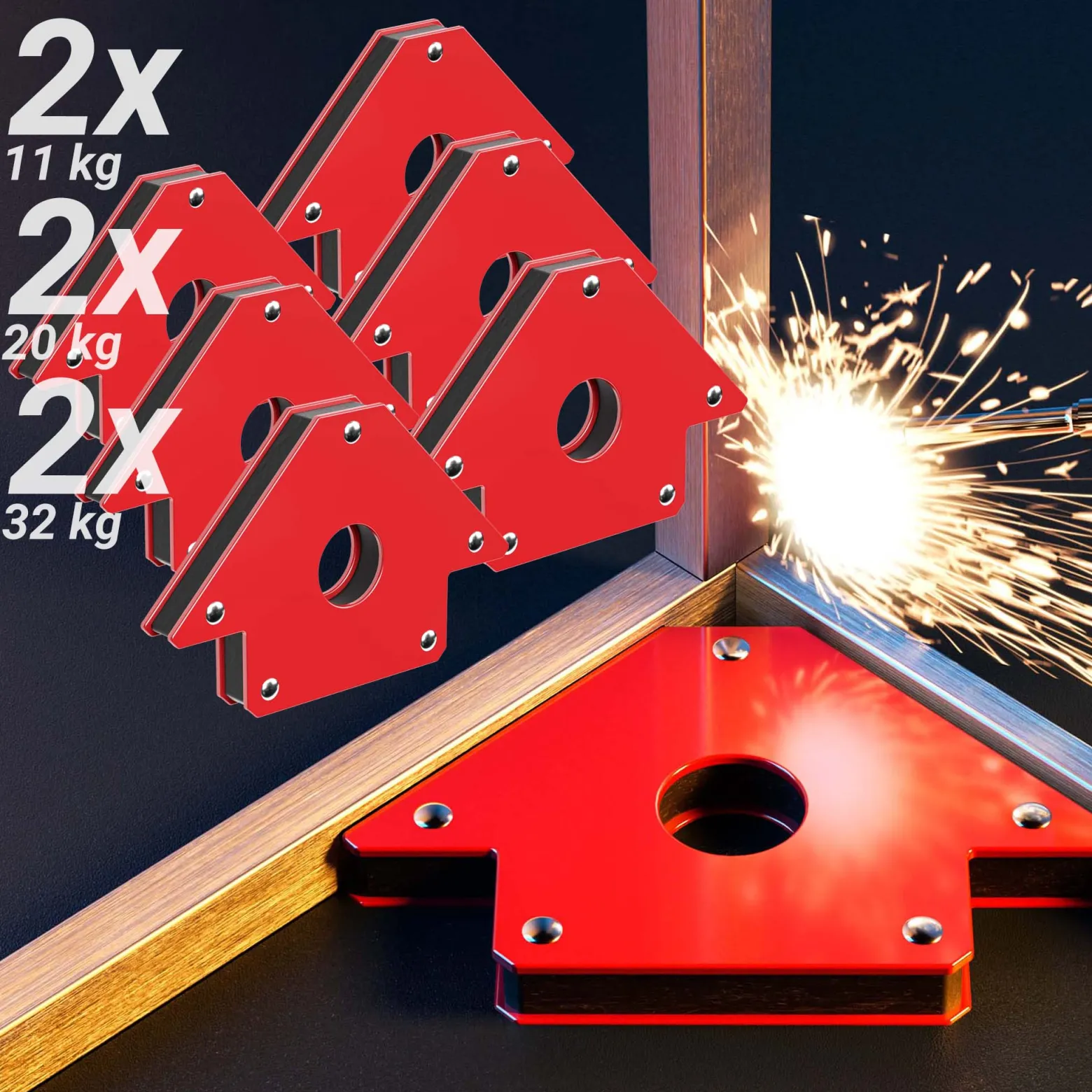 Wiltec 6x Schweißmagnet 11 kg/ 20 kg/ 32 kg, Schweißwinkel mit 45°, 90° und 135° kompakte Maße, Schweißzubehör Magnetwinkel hält Werkstücke zusammen