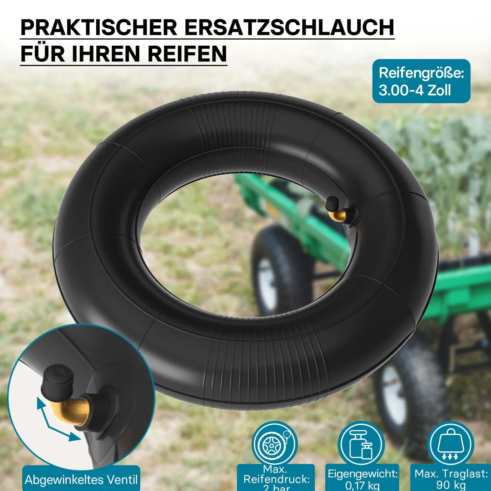 Wiltec 4x Standard Schlauch für Reifen Größe 3.00/3.50-4, bis 100 kg Traglast, mit abgewinkeltem Ventil TR87 für Schubkarren, Sackkarren und E-Scooter