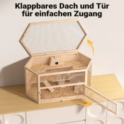 Wiltec XXL 3 Etagen Nagerkäfig, 6-eckig, 1150 x 600 x 580 mm, aus Holz, mit klappbarem Deckel & Sichtfenster, Kleintierhaus Mäusekäfig Hamsterkäfig