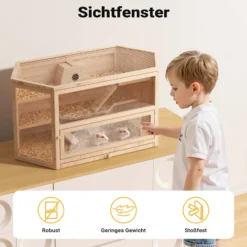 Wiltec XXL 3 Etagen Nagerkäfig, 6-eckig, 1150 x 600 x 580 mm, aus Holz, mit klappbarem Deckel & Sichtfenster, Kleintierhaus Mäusekäfig Hamsterkäfig