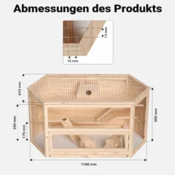 Wiltec XXL 3 Etagen Nagerkäfig, 6-eckig, 1150 x 600 x 580 mm, aus Holz, mit klappbarem Deckel & Sichtfenster, Kleintierhaus Mäusekäfig Hamsterkäfig