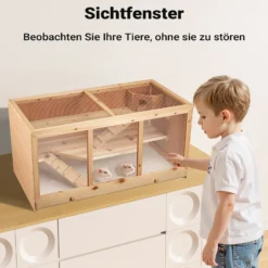 Wiltec XXL 3 Etagen Nagerkäfig, 4-eckig, 1150 x 600 x 580 mm, aus Holz, mit klappbarem Deckel & Sichtfenster, Kleintierhaus Mäusekäfig Hamsterkäfig