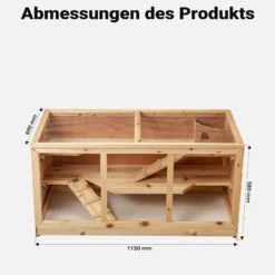 Wiltec XXL 3 Etagen Nagerkäfig, 4-eckig, 1150 x 600 x 580 mm, aus Holz, mit klappbarem Deckel & Sichtfenster, Kleintierhaus Mäusekäfig Hamsterkäfig