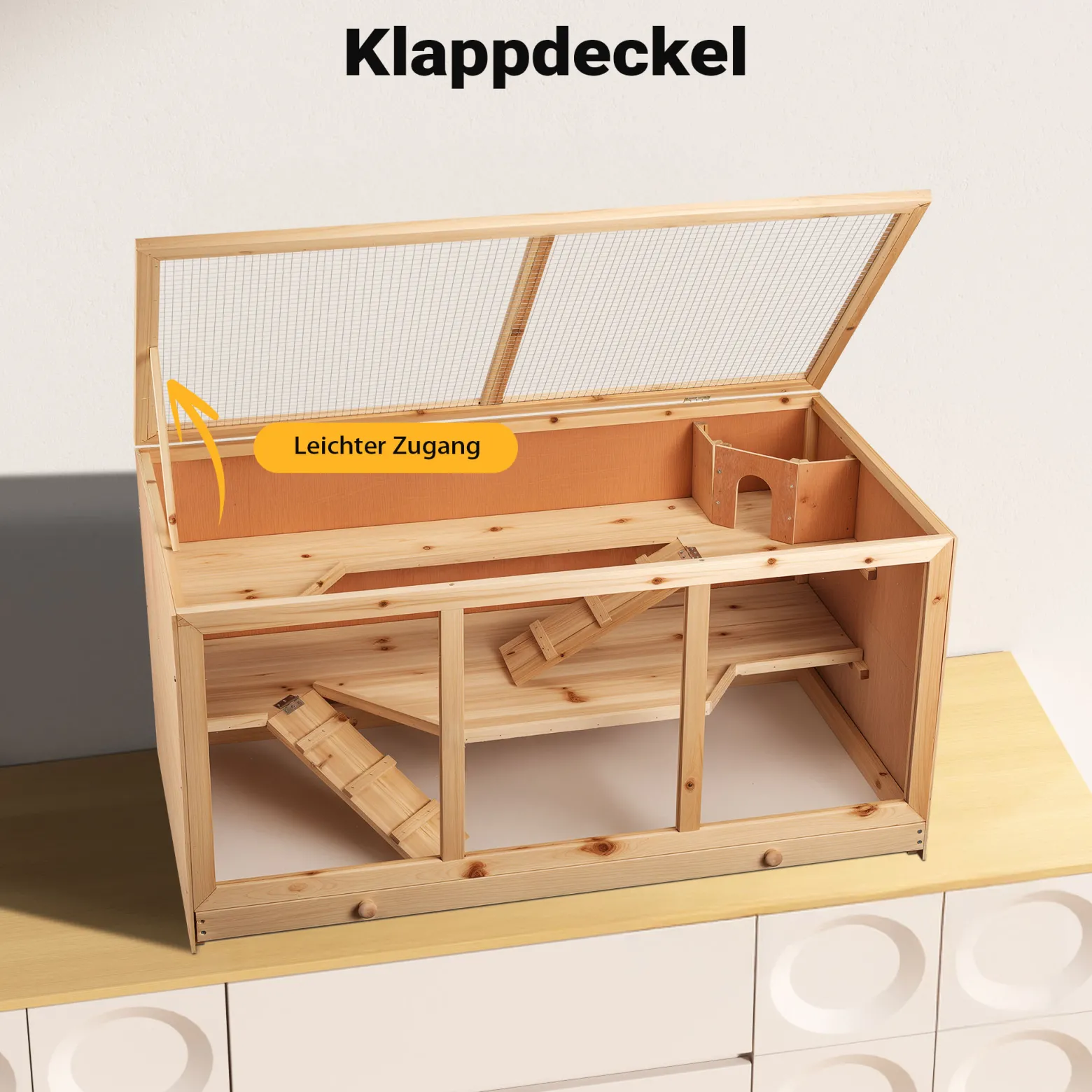 Wiltec XXL 3 Etagen Nagerkäfig, 4-eckig, 1150 x 600 x 580 mm, aus Holz, mit klappbarem Deckel & Sichtfenster, Kleintierhaus Mäusekäfig Hamsterkäfig