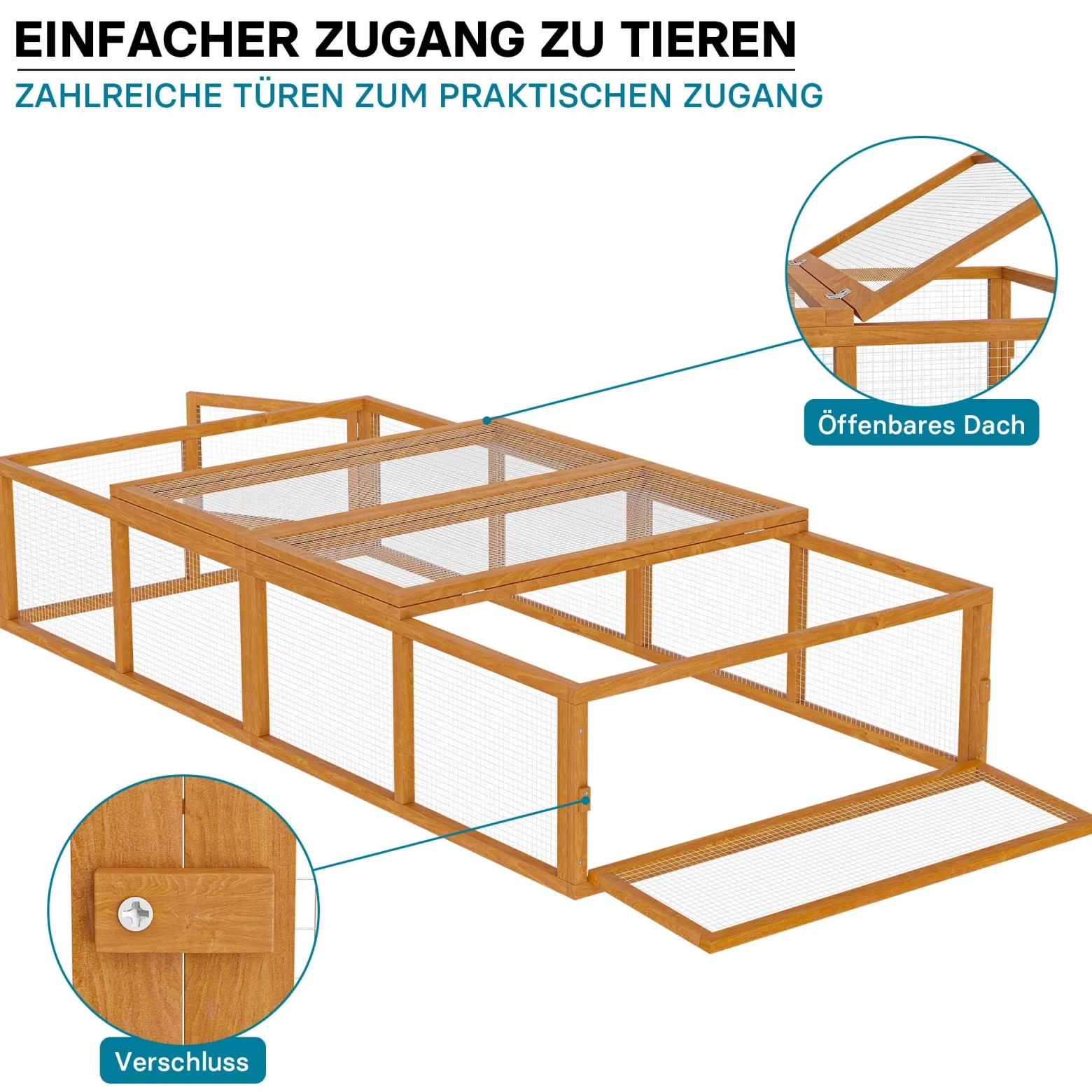 Wiltec XXL Freilaufgehege Holz 1800 x 900 x 480 mm, Kasten Stall mit klappbarer Abdeckung, Kleintierstall Kaninchen Hasen, Freigehege