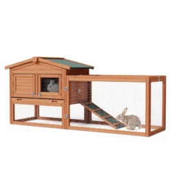 Wiltec XXL Hasenstall 1560 x 520 x 680 mm mit Freilaufgehege und erhöhtem Unterschlupf aus Fichtenholz, Kaninchenkäfig mit 2 Etagen, Kleintierstall