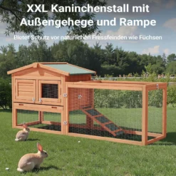 Wiltec XXL Hasenstall 1560 x 520 x 680 mm mit Freilaufgehege und erhöhtem Unterschlupf aus Fichtenholz, Kaninchenkäfig mit 2 Etagen, Kleintierstall