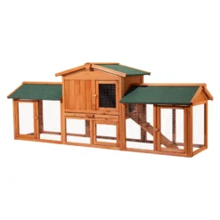 Wiltec XXL Hasenstall 2110 x 530 x 835 mm mit Freilaufgehege und erhöhtem Unterschlupf aus Kiefernholz, Kaninchenkäfig mit 2 Etagen, Kleintierstall