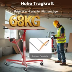 Wiltec XXL Plattenheber bis max. 68 kg, Höhe 140-350 cm, max. Breite 2,90 m, Trockenbau Montagehilfe 1-Mann-Bedienung, 3 Räder mit Feststellbremse, rot