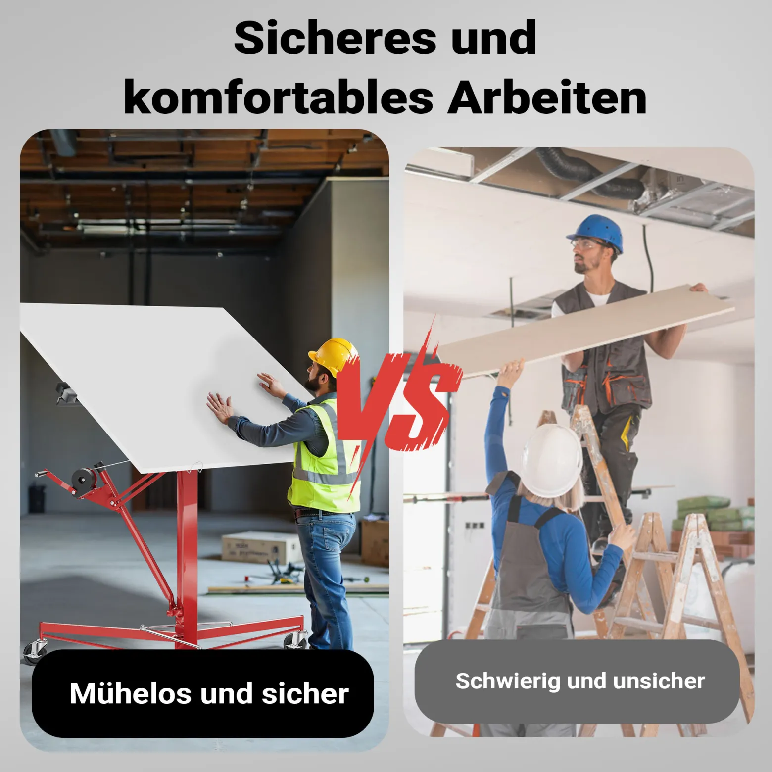 Wiltec XXL Plattenheber bis max. 68 kg, Höhe 140-350 cm, max. Breite 2,90 m, Trockenbau Montagehilfe 1-Mann-Bedienung, 3 Räder mit Feststellbremse, rot