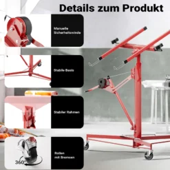 Wiltec XXL Plattenheber bis max. 68 kg, Höhe 140-350 cm, max. Breite 2,90 m, Trockenbau Montagehilfe 1-Mann-Bedienung, 3 Räder mit Feststellbremse, rot