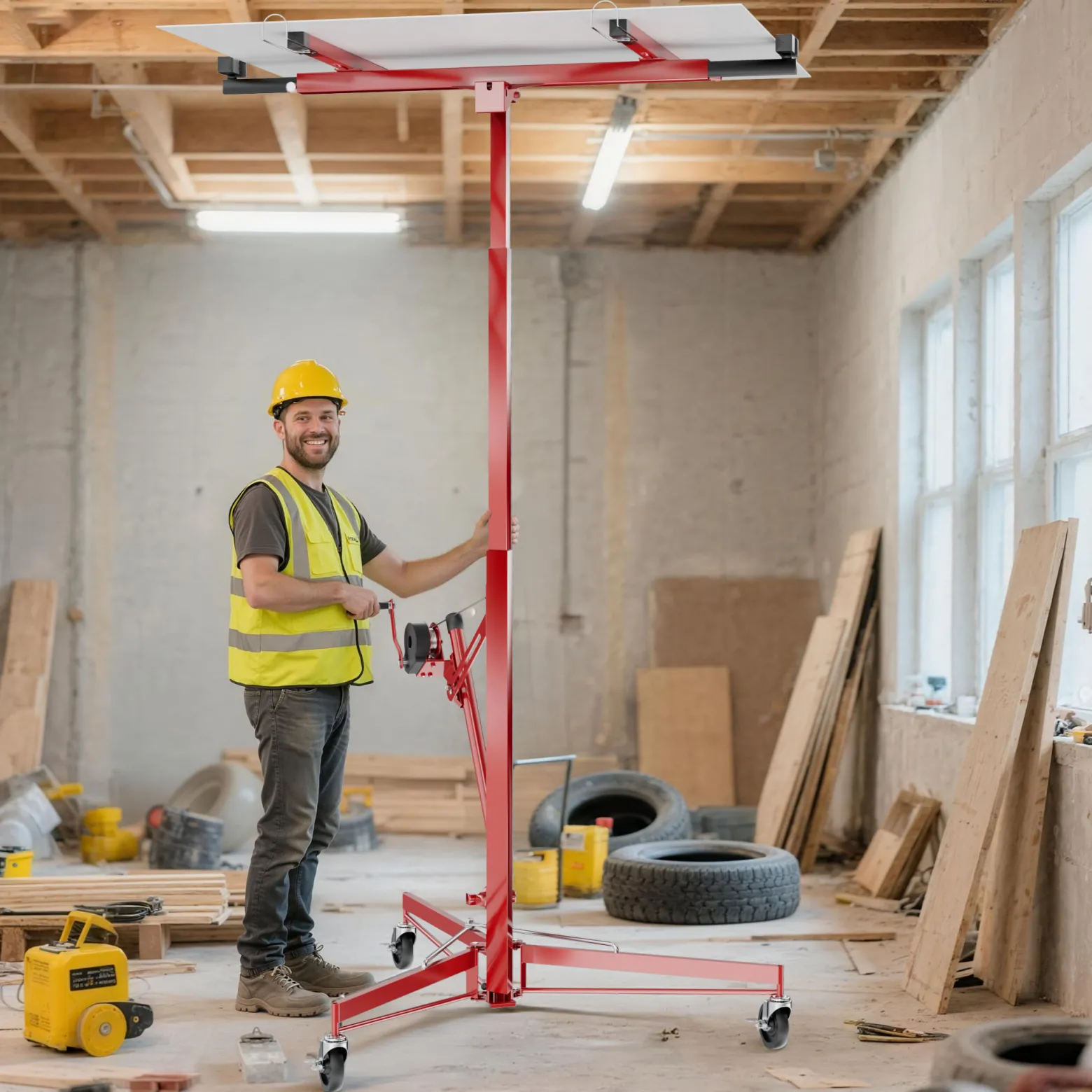 Wiltec XXL Plattenheber bis max. 68 kg, Höhe 140-350 cm, max. Breite 2,90 m, Trockenbau Montagehilfe 1-Mann-Bedienung, 3 Räder mit Feststellbremse, rot