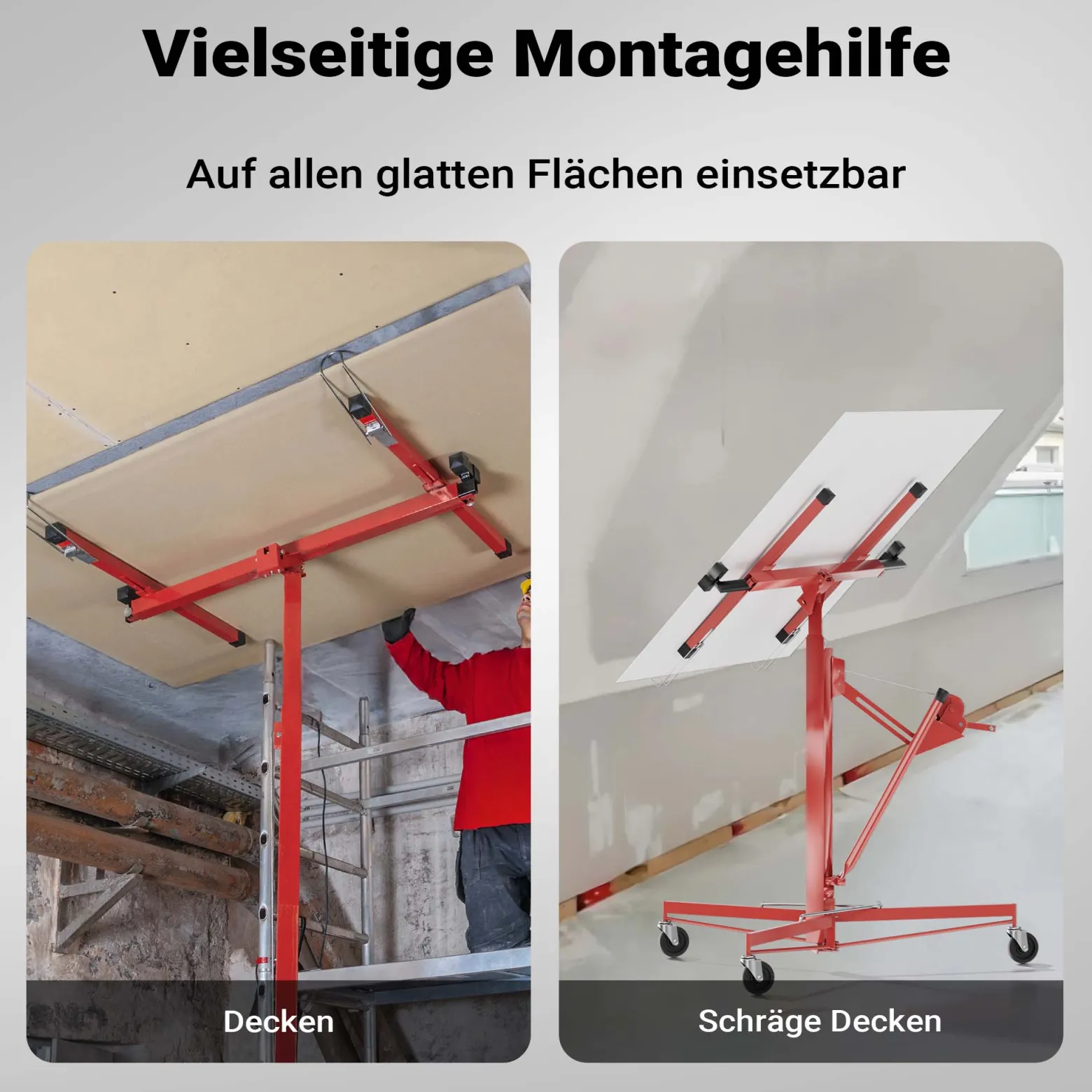 Wiltec XXL Plattenheber bis max. 68 kg, Höhe 140-350 cm, max. Breite 2,90 m, Trockenbau Montagehilfe 1-Mann-Bedienung, 3 Räder mit Feststellbremse, rot