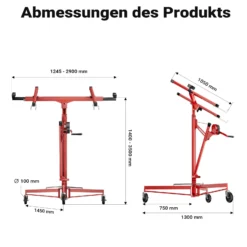 Wiltec XXL Plattenheber bis max. 68 kg, Höhe 140-350 cm, max. Breite 2,90 m, Trockenbau Montagehilfe 1-Mann-Bedienung, 3 Räder mit Feststellbremse, rot