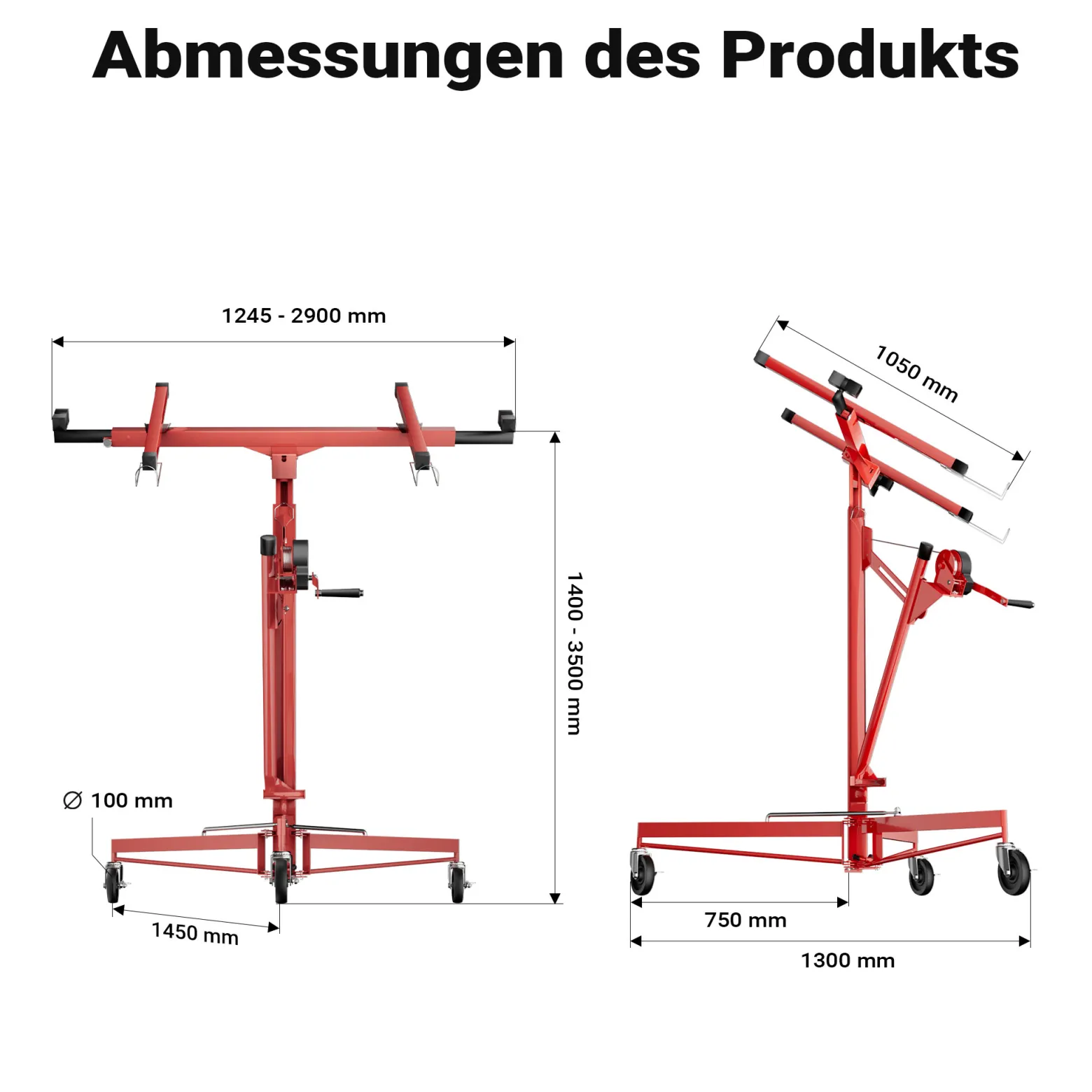Wiltec XXL Plattenheber bis max. 68 kg, Höhe 140-350 cm, max. Breite 2,90 m, Trockenbau Montagehilfe 1-Mann-Bedienung, 3 Räder mit Feststellbremse, rot