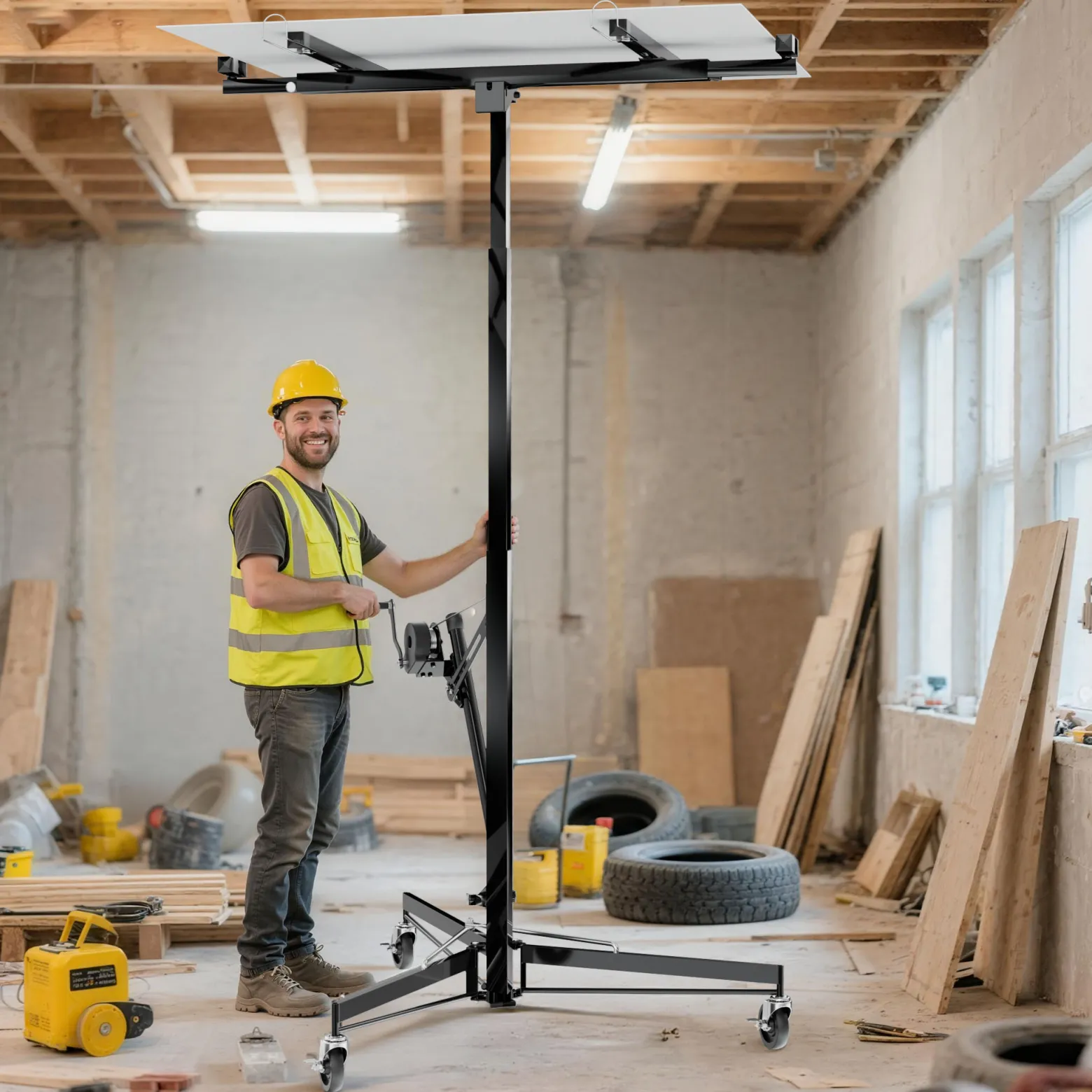 Wiltec XXL Plattenheber bis max. 68 kg, Höhe 140-350 cm, max. Breite 2,90 m, Trockenbau Montagehilfe 1-Mann-Bedienung, 3 Räder mit Feststellbremse, schwarz