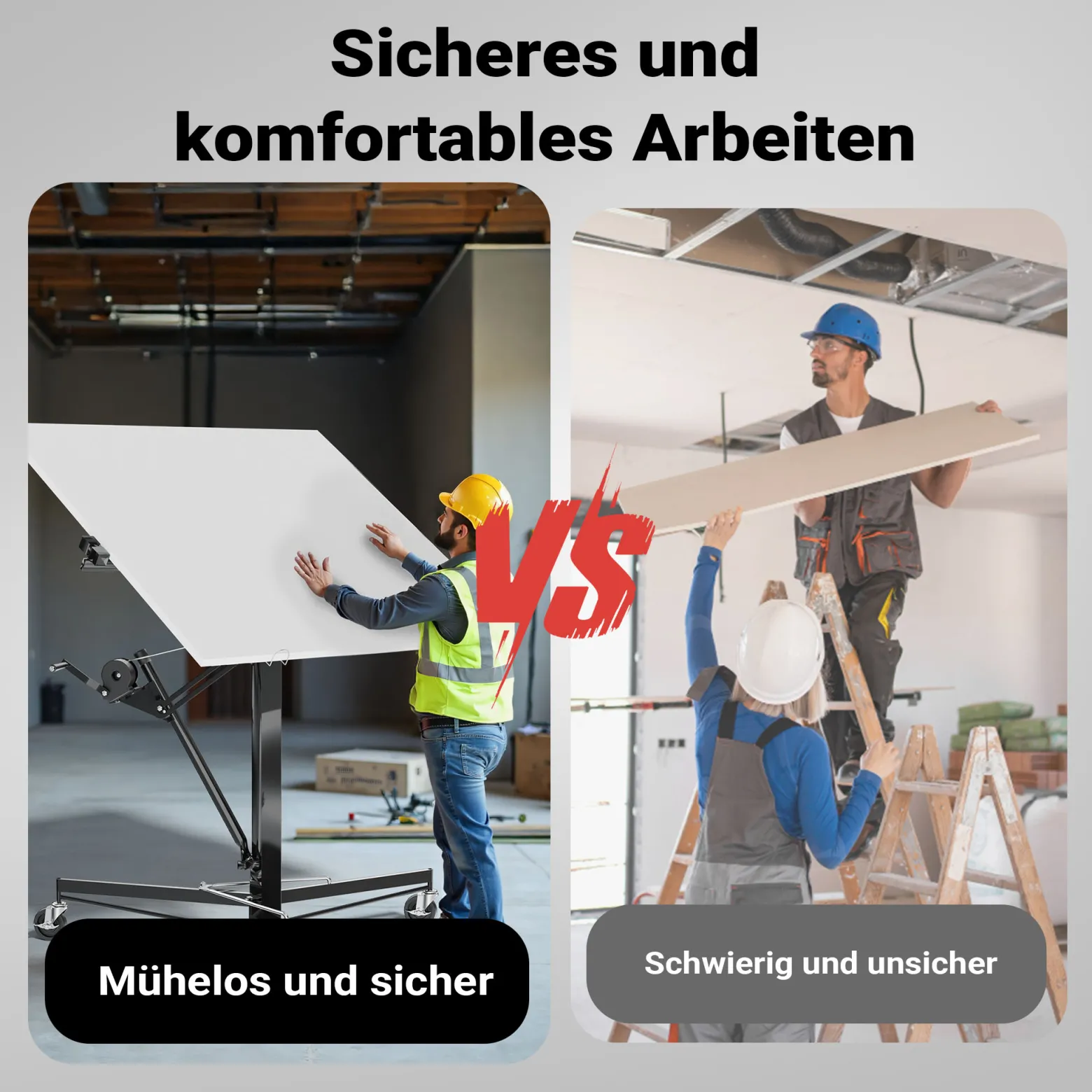 Wiltec XXL Plattenheber bis max. 68 kg, Höhe 140-350 cm, max. Breite 2,90 m, Trockenbau Montagehilfe 1-Mann-Bedienung, 3 Räder mit Feststellbremse, schwarz