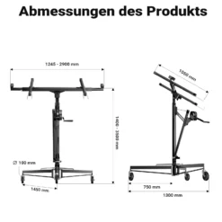 Wiltec XXL Plattenheber bis max. 68 kg, Höhe 140-350 cm, max. Breite 2,90 m, Trockenbau Montagehilfe 1-Mann-Bedienung, 3 Räder mit Feststellbremse, schwarz