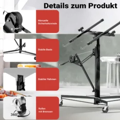 Wiltec XXL Plattenheber bis max. 68 kg, Höhe 140-350 cm, max. Breite 2,90 m, Trockenbau Montagehilfe 1-Mann-Bedienung, 3 Räder mit Feststellbremse, schwarz