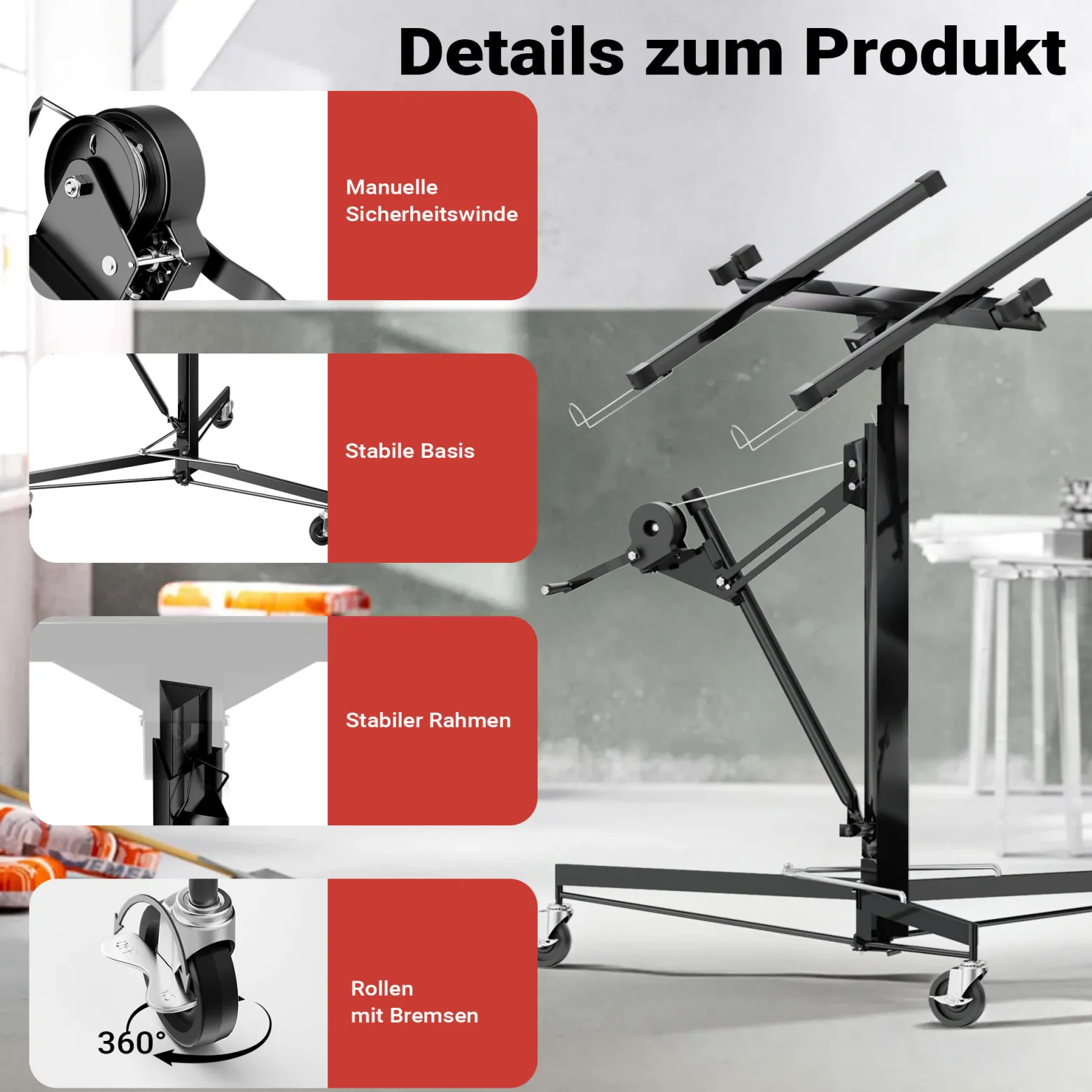 Wiltec XXL Plattenheber bis max. 68 kg, Höhe 140-350 cm, max. Breite 2,90 m, Trockenbau Montagehilfe 1-Mann-Bedienung, 3 Räder mit Feststellbremse, schwarz